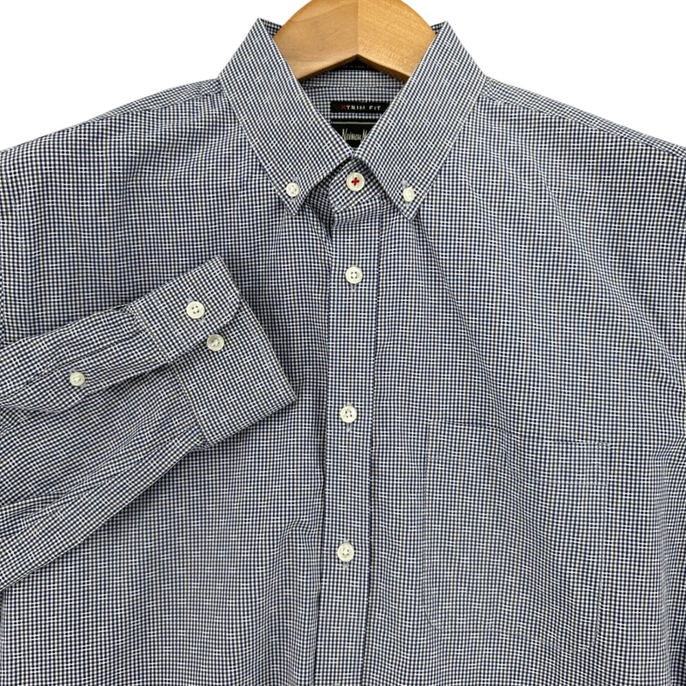 Neiman Marcus Mens Blue White Micro Check Xtrim Fit Button Down Shirt 16.5 34/35